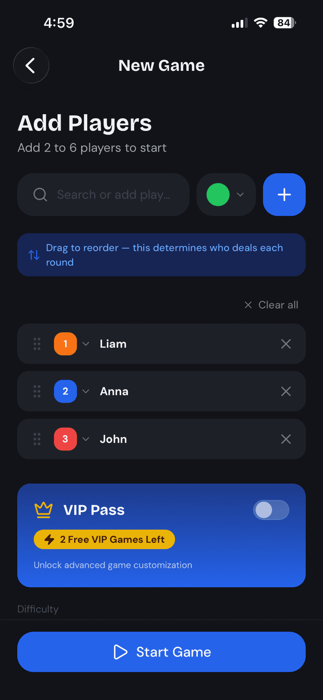 Phase 10 Scorekeep game setup screen