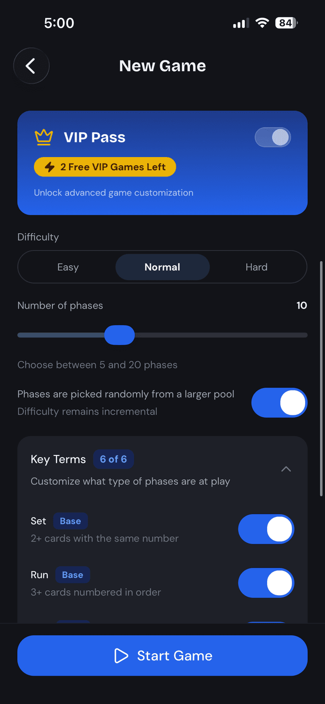 Phase 10 Scorekeep VIP game setup