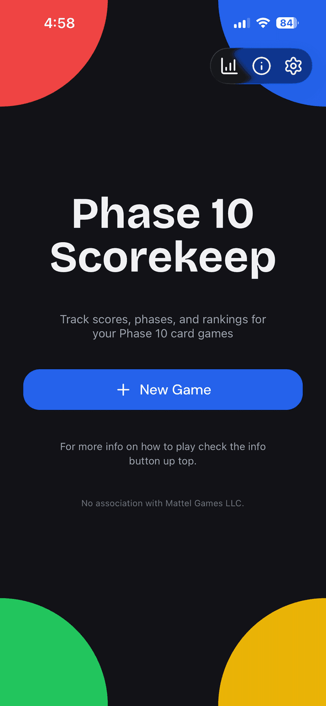 Phase 10 Scorekeep home screen showing game list