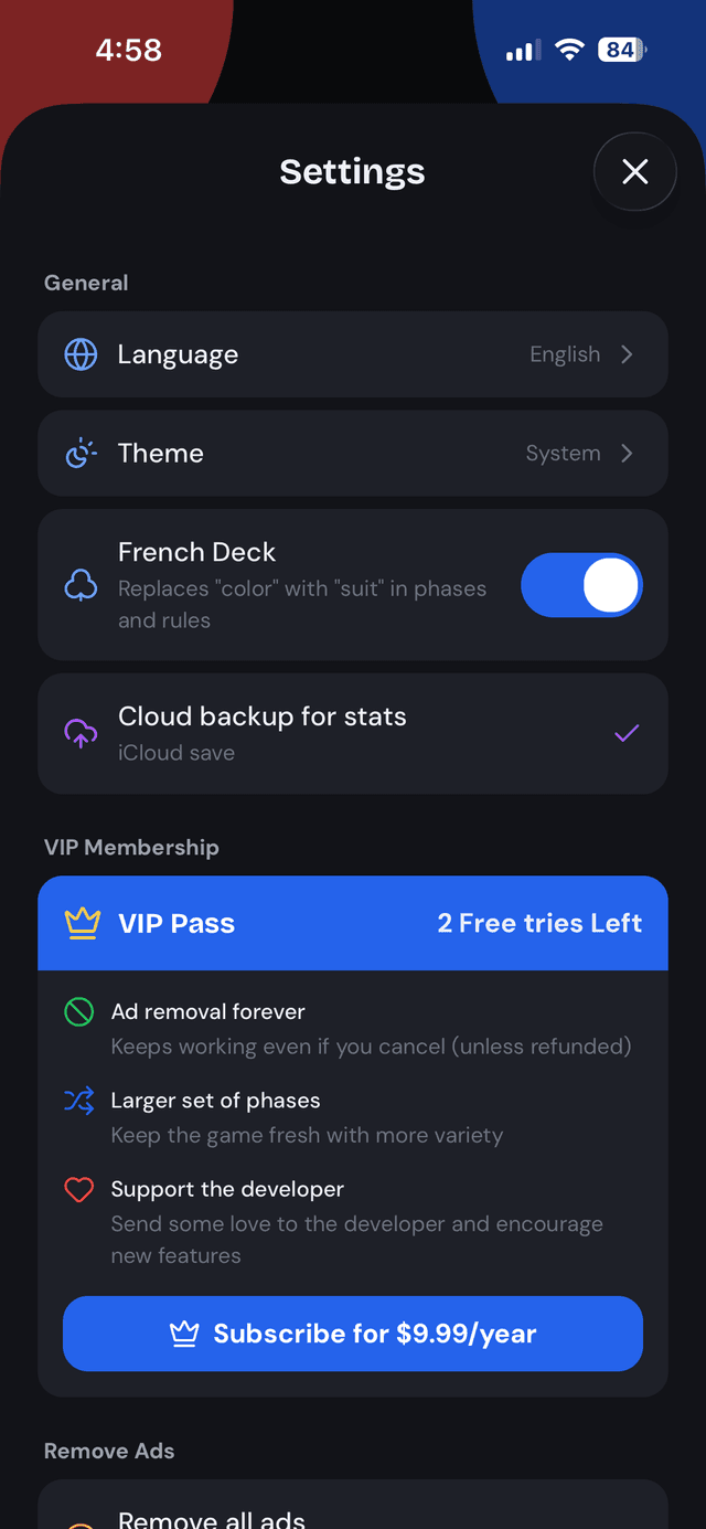 Phase 10 Scorekeep settings screen